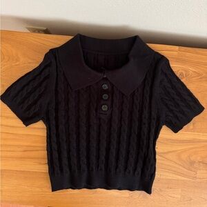 Boutique Black Cable Knit Collared Top in Small